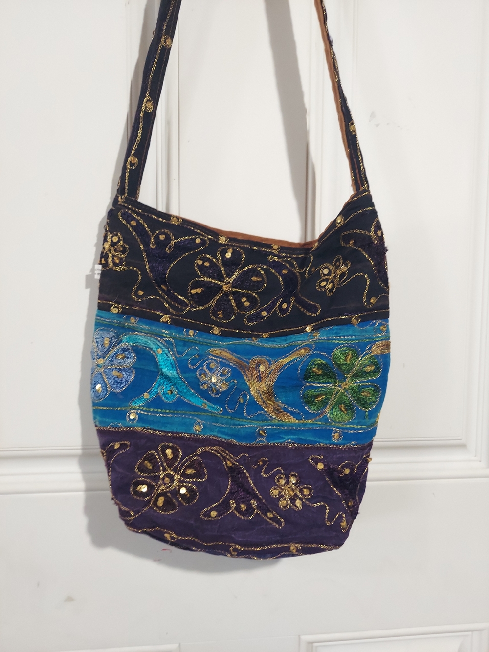 Embroidered Multicolor Hobo Bag - Blue, Purple, Black